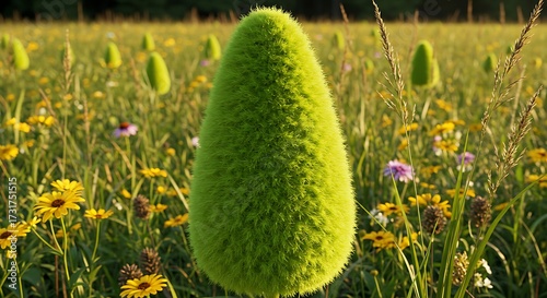 Unique green abstract cone shaped object in a field of wildflowers