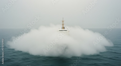 Unique structure surrounded by fog on calm water surface under overcast sky