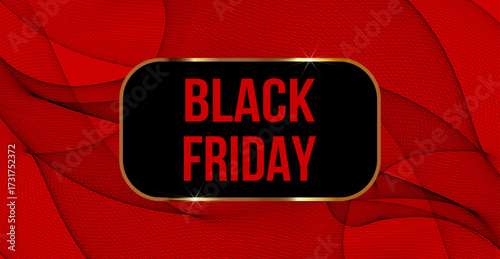 Black Friday Sale Banner with Luxurious Gold Frame, Abstract Red Mesh Background, Shopping Discount Event Template. Vector illustration 