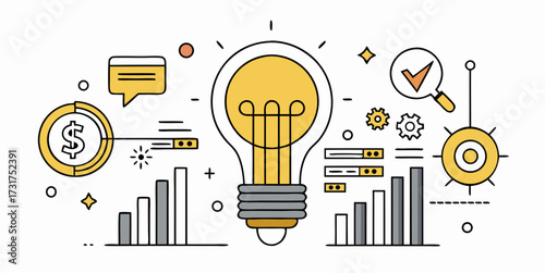 Lightbulb surrounded by financial and analytical icons symbolizing business innovation, strategy and growth