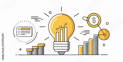 Lightbulb with bar charts and financial icons symbolizing innovation, business ideas and financial growth