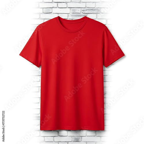 Plain red tshirt with short sleeves, isolated on a white brick wall background