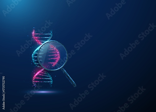 3D DNA molecule helix with a cut section under a magnifying glass, CRISPR-Cas9 system. Gene editing,  molecular biology, biotechnology concept.