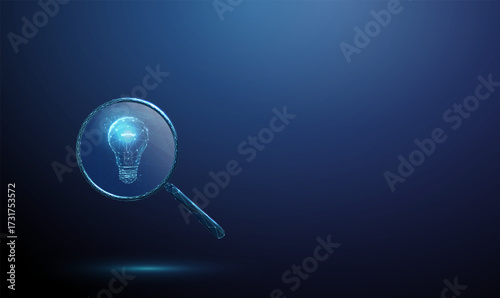 3d blue magnifying glass with a light bulb inside. Idea discovery, innovation, creative thinking, problem-solving, insight, research concept. Low poly digital futuristic style, wireframe. Vector.