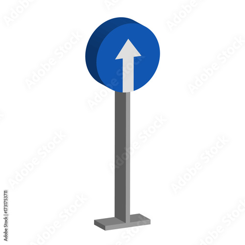 Blue road sign. Mandatory direction symbol. White arrow Vector illustration. Isometric traffic emblem.