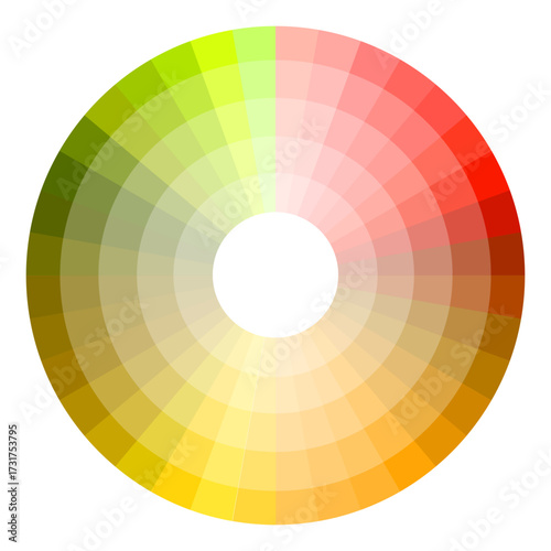 Warm color spectrum illustration. Yellow orange dominance. Circular chroma Vector guide. Gradient tone palette.