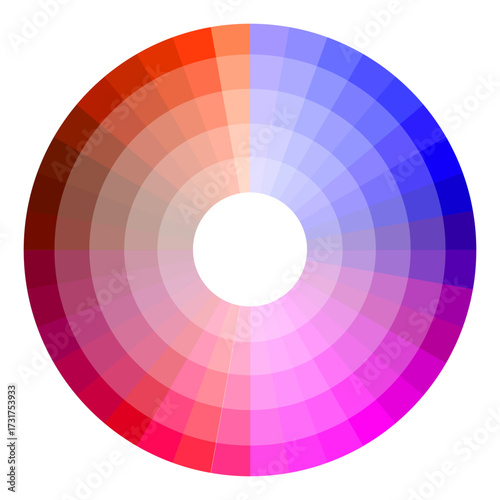 Deep color wheel illustration. Red purple dominance. Circular chroma Vector guide. Gradient tone palette.