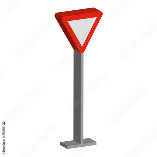 Three D yield sign. Give way triangle. Red border Vector sign. Isolated road symbol.