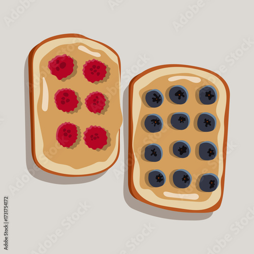 Peanut Butter Toast with Raspberries and Blueberries – Healthy breakfast illustration, nutritious snacks, vegan food, organic ingredients, and clean eating lifestyle.