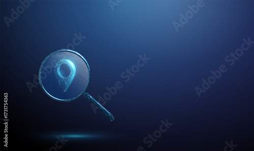 3d blue magnifying glass with pin location icon inside. Location tracking, destination search, mapping, geospatial analysis, navigation system concept.