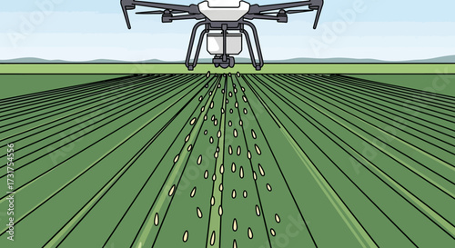 Drone spraying crops in a field using modern agricultural technology.