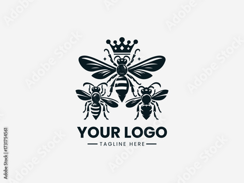 Royal queen bee and king hornet wasp vector logo with crown elements for competitive business branding