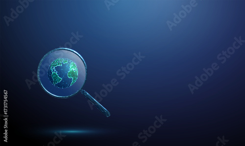 3d blue magnifying glass with Earth inside. Global observation, geoinformatics, data analysis, climate research, sustainable development concept.