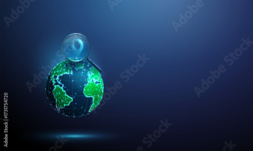 3d Earth under a blue magnifying glass with a pin icon inside. Location tracking, geospatial analysis, global navigation, map exploration concept.