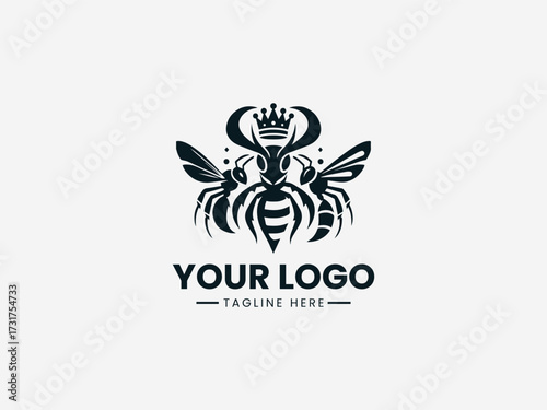 Royal queen bee and king hornet wasp vector logo with crown elements for competitive business branding