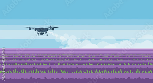 Drone spraying crops in a field with a clear blue sky.