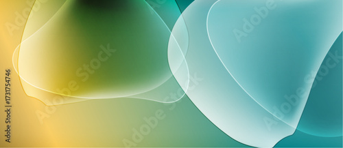 Abstract flowing shapes blend yellow, green, teal hues. Soft gradients create dynamic visual texture. Smooth curves suggest movement, energy.