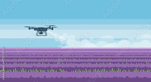 Drone spraying crops in a lavender field with a clear blue sky.