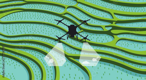 Drone spraying crops in a modern agricultural field.