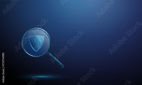 3d blue magnifying glass with a shield icon inside Security, protection, safety, defense, risk assessment, quality control, cybersecurity concept.