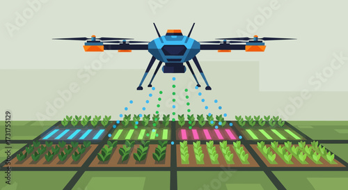 Drone spraying crops in a modern agricultural field.
