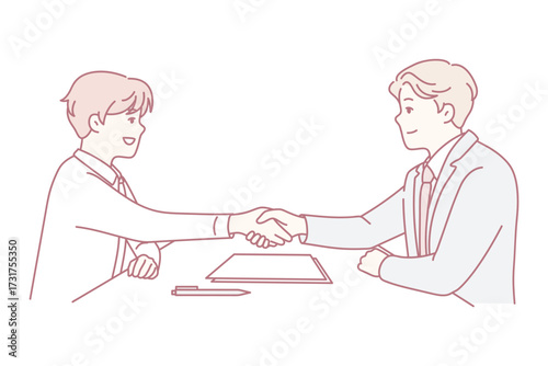 Smiling businessmen sit at desk shaking hands closing deal. Happy male partners handshake make agreement at office meeting. Vector illustration.