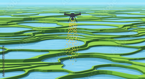 Drone spraying crops in a modern agricultural field.