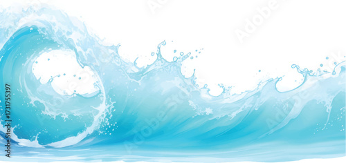 Blue Ocean Wave with White Foam Splash and Rolling Water Motion in Dynamic Marine Illustration for Scenic Summer Seascape Backgrounds and Tropical Nature Design Projects