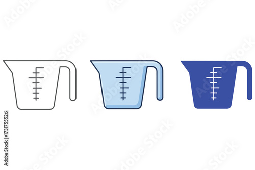 Vector art of measuring cup vector icon in outline, colored, and solid style kitchen utensil, cooking tool, measure container, volume, liquid, ingredient