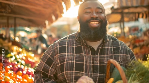 Overweight man walks through the market with a basket of vegetables, enjoying a sunny day and healthy lifestyle choices.