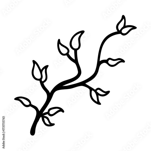 Black outline of budding branch with leaves for spring equinox celebration  