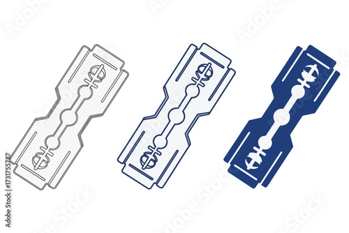 Vector art of razor blade vector icon in outline, colored, and solid style shaving tool, sharp edge, grooming, hygiene, barber, cut, shave, safety, metal