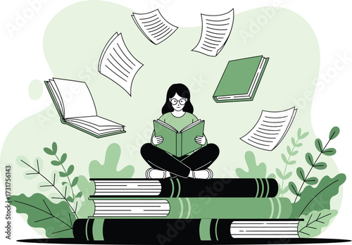 Student sits peacefully reading a book surrounded by flying pages, fostering knowledge and learning