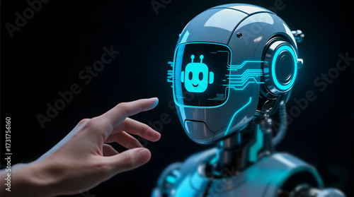 A human hand reaches out to a futuristic AI robot, symbolizing the direct and personal connection with intelligent technology.
