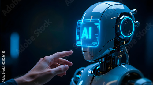 The concept of AI assistance is brought to life as a human interacts with an advanced AI chatbot, representing the future of work and smart communication.