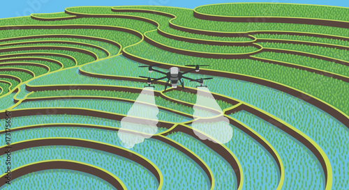 Drone spraying crops on a terraced farm using modern agricultural technology.