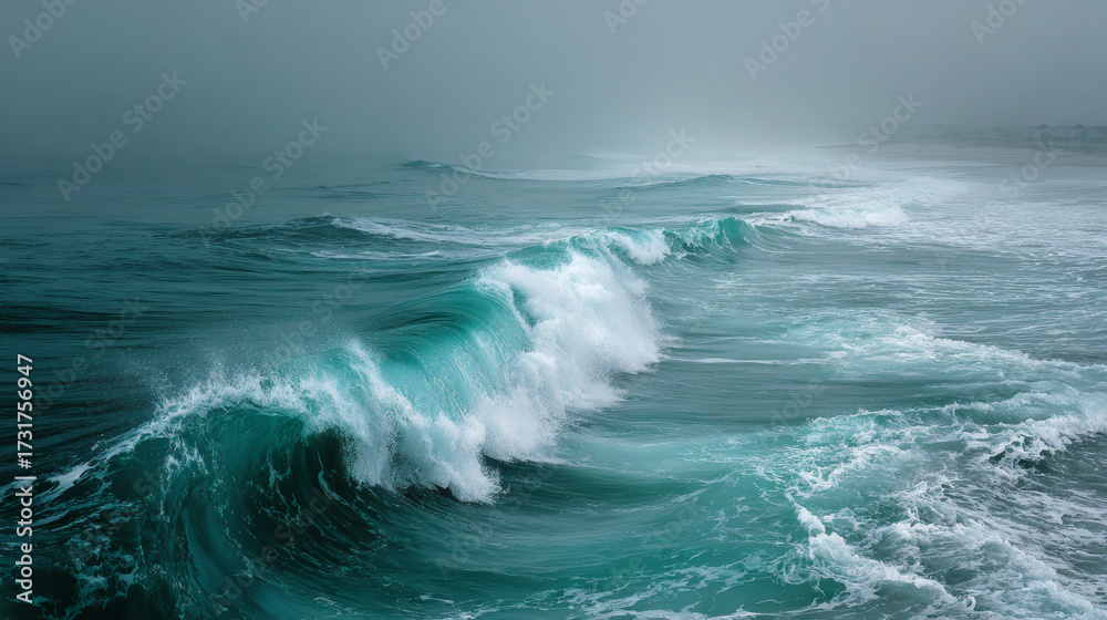 Fototapeta premium Captivating Moment of a Powerful Ocean Wave Crashing with Misty Background