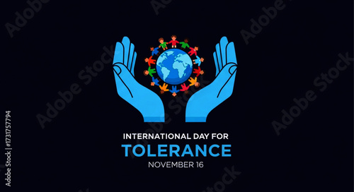 International Day for Tolerance: Pixelated Earth Surrounded by Diverse Figures in Blue Hands.