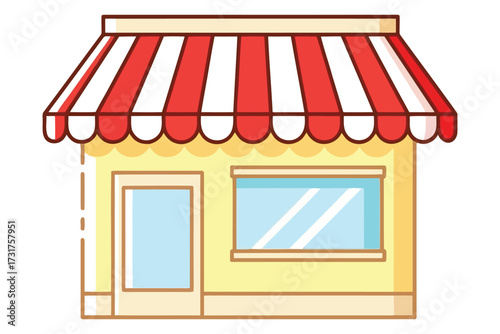 Storefront Icon – Minimal Vector Illustration of a Small Yellow Shop with Red and White Striped Awning, Blue Door, and Large Window Representing Retail Business, Commercial Space, and Local Store Conc