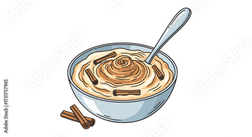 Delicious rice pudding illustration with cinnamon sticks in a bowl ready to eat food presentation