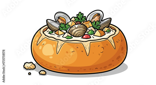 Illustration of clam chowder served in a sourdough bread bowl featuring fresh parsley