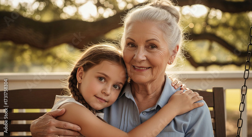 Portrait of a beautiful young granddaughter gently hugging her old grandmother