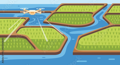 Drone spraying pesticides on a rice field for modern agriculture.
