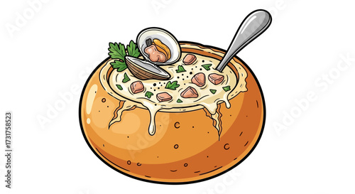 Delicious Clam Chowder Served in a Bread Bowl: A Culinary Delicacy Illustration