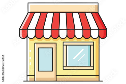 Storefront Icon – Minimal Vector Illustration of a Yellow Shop with Red and White Striped Awning, Beige Roof Trim, Glass Door, and Reflected Window Representing Retail Business and Local Commerce