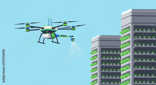 Drone spraying pesticides on a vertical farm building.