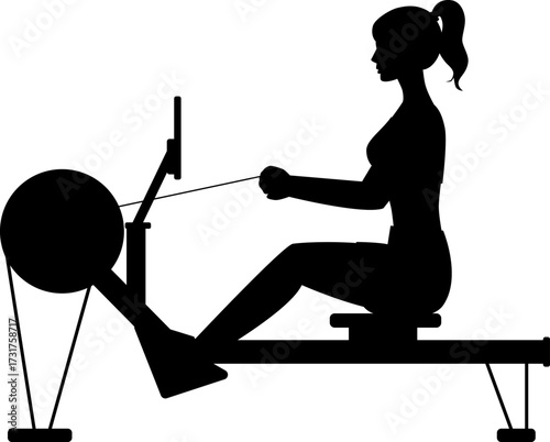 Black silhouette illustration of a woman working out on an indoor rowing machine. The fitness activity emphasizes strength, endurance, and full body training for health and wellness.