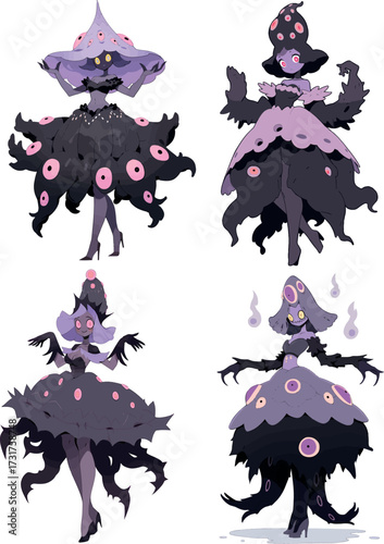 A set of fantasy elemental ladies of darkness, mysterious cute female characters with organic dresses, eyes and eerie shapes. Perfect for games, comics, or fantasy illustrations.