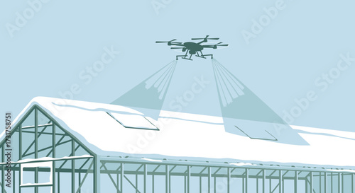 Drone spraying snow off greenhouse roof for winter maintenance.