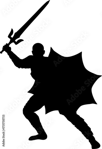Silhouette of a warrior in battle armor in dynamic pose holding a sword. The figure displays strength, readiness, and combat motion, ideal for fantasy, battle, and heroic themed design projects.